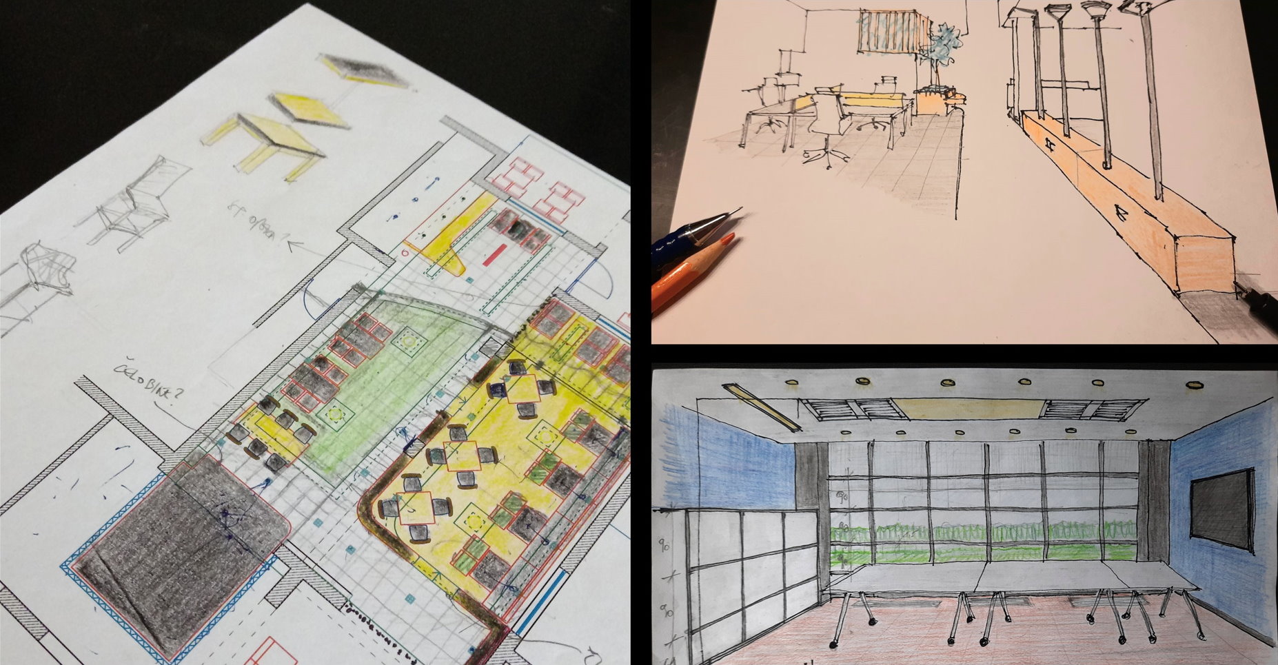 Skice i crteži idejnih rješenja za dizajn interijera