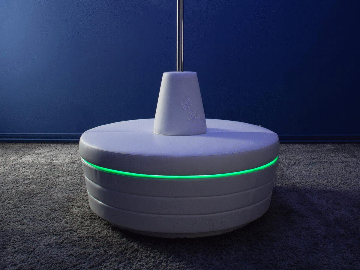 Coquette Odette white leather sette and glass gogo dance stage with strip pole