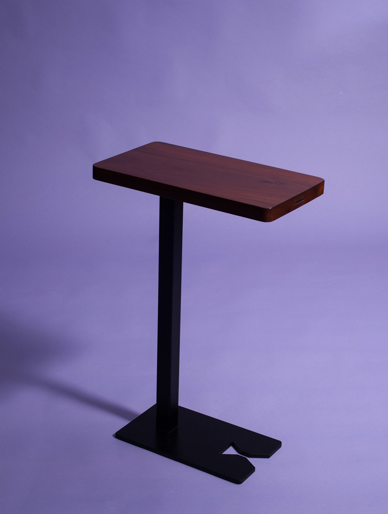 Whiskey Side Table with massive walnut wood top and bow tie base detail